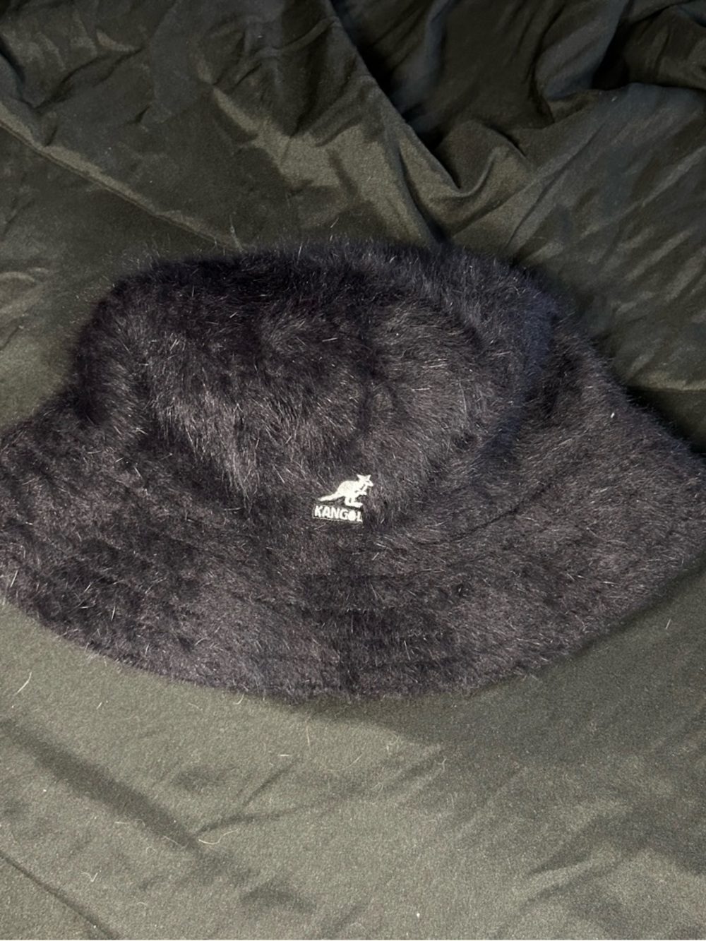 Kangol Black Faux Fur Bucket Hat with Union Jack Tag